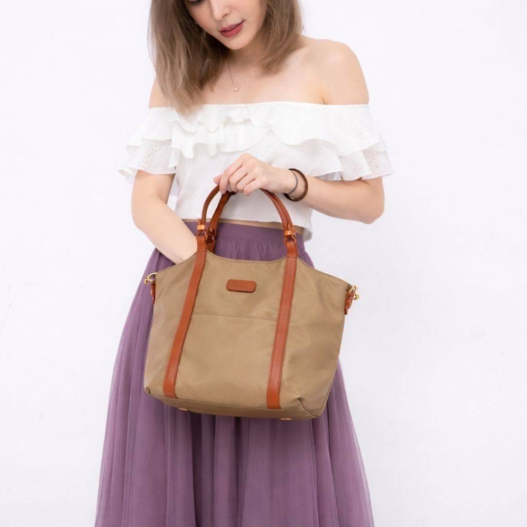 [新品上架] 頂級手工皮革拼接英國淑女手提斜背包-香檳(3239)