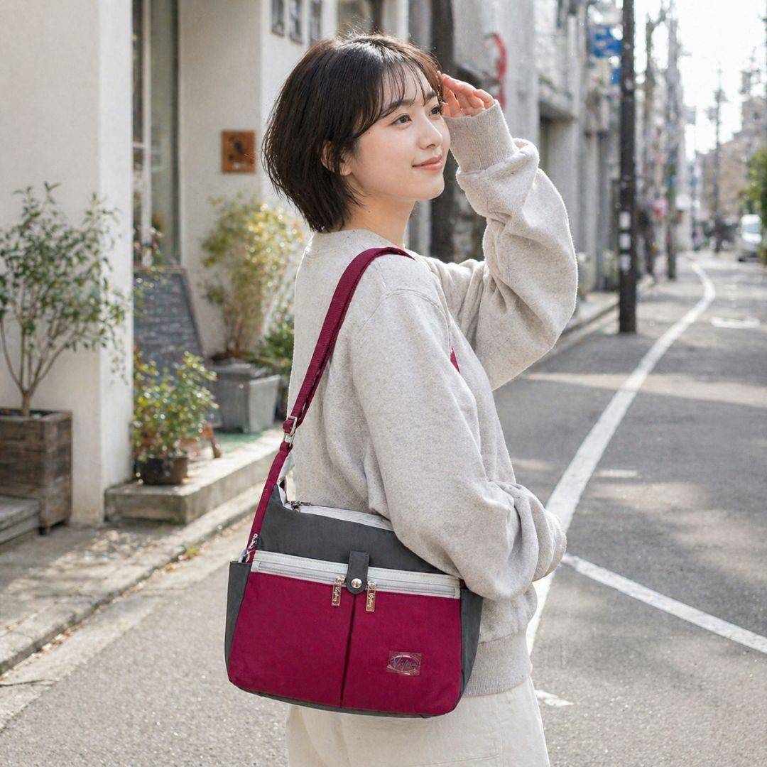 【新品上架】日系休閒多口袋牛角包-法式紅酒(6822)