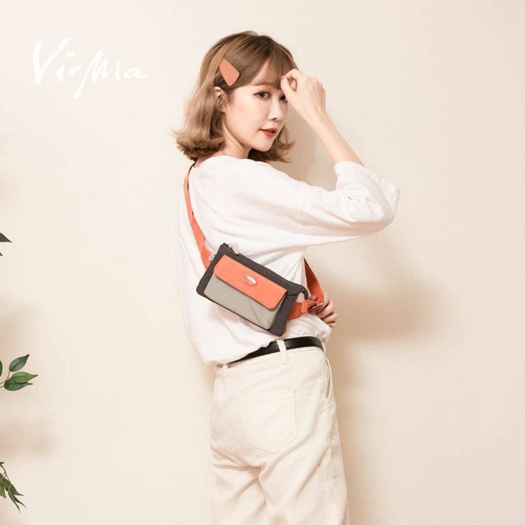 歐美撞色系休閒雙層腰包-橘(1414L)