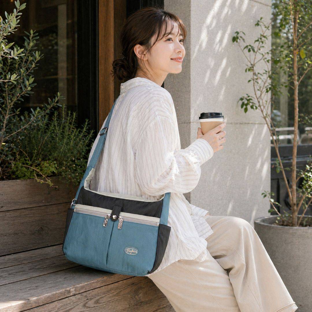 【新品上架】日系休閒多口袋牛角包-英國灰藍(6822)