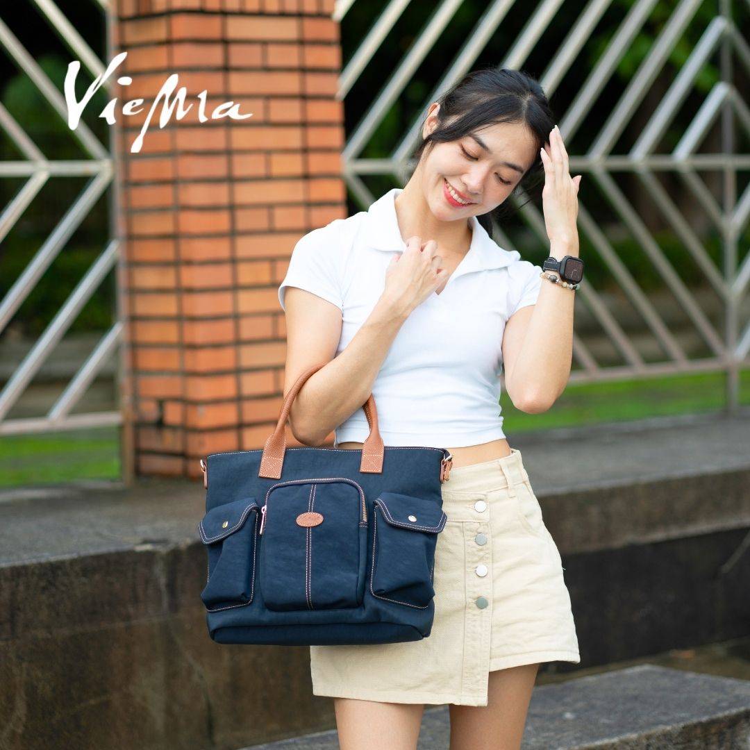 [熱銷補貨]日系復古防水尼龍仿牛仔皮革拼接兩用包-深藍3331