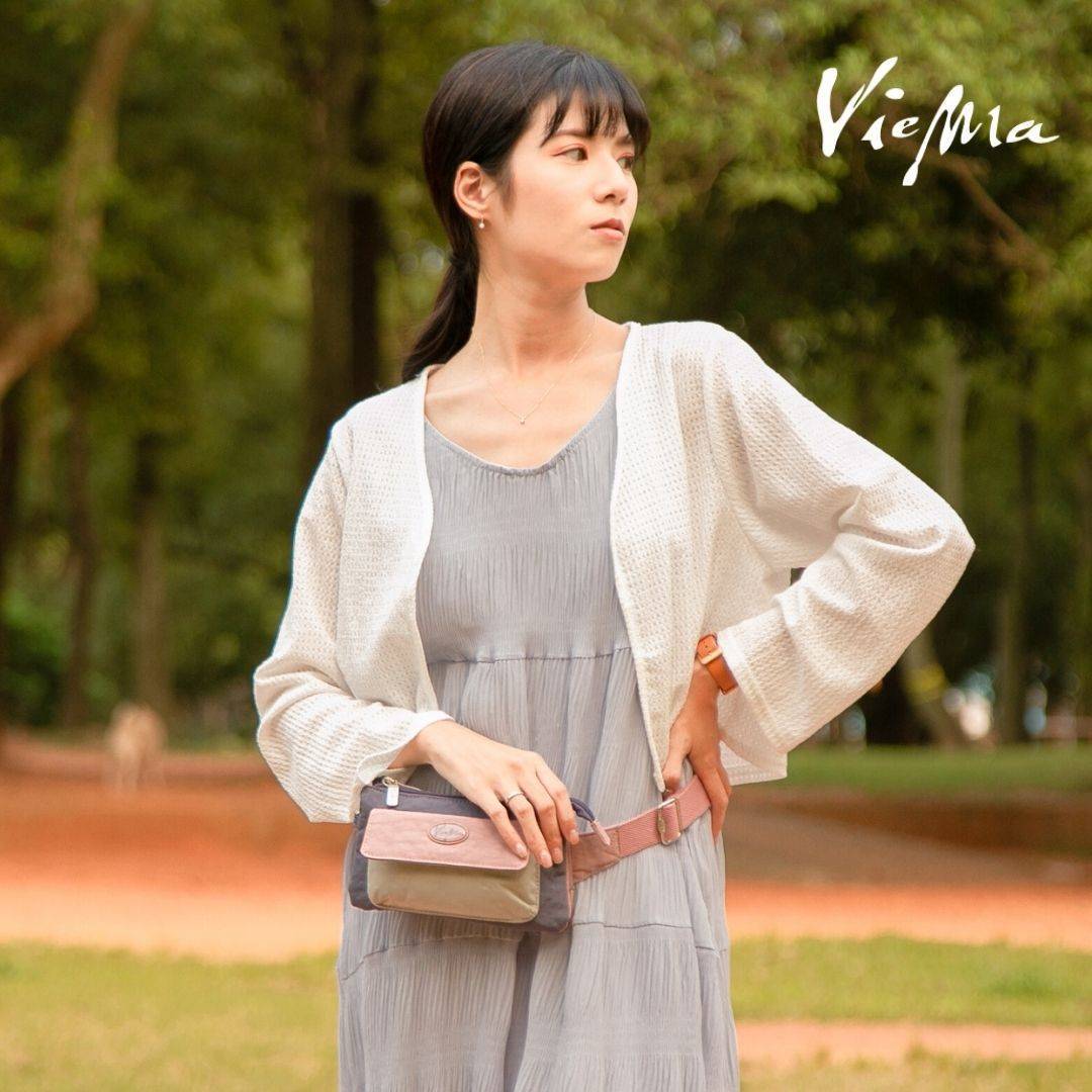 [最後1個] 歐美撞色系休閒雙層腰包-豆沙粉(1414L)