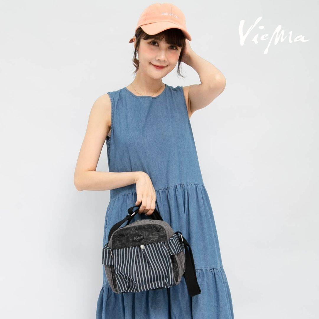 日系丹寧牛仔豆腐斜背包-條紋藍(2345A)