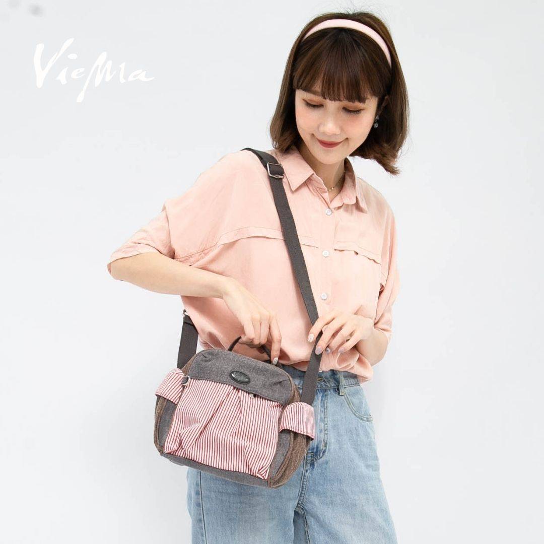 日系丹寧牛仔豆腐斜背包-條紋紅(2345A)