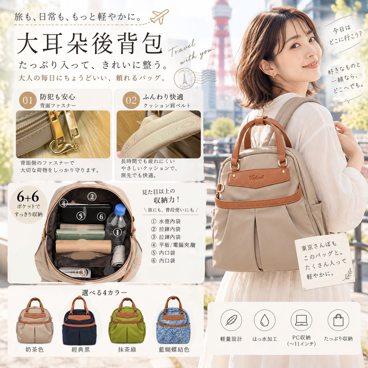 【獨家設計】日本防盜兩用大耳朵後背包10L-4色(2903)