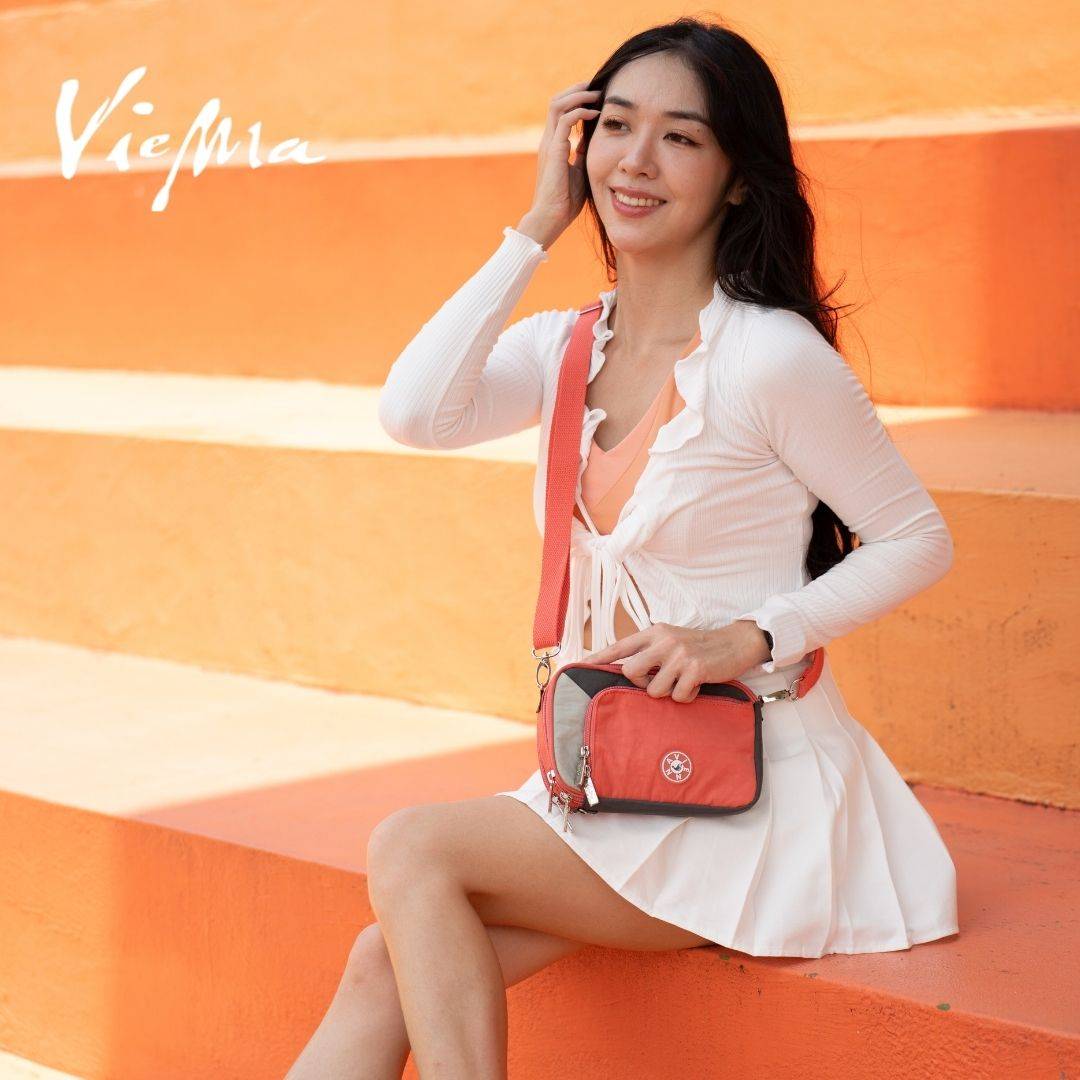 日本限定口袋長夾收納斜背包-白桃粉橘7273