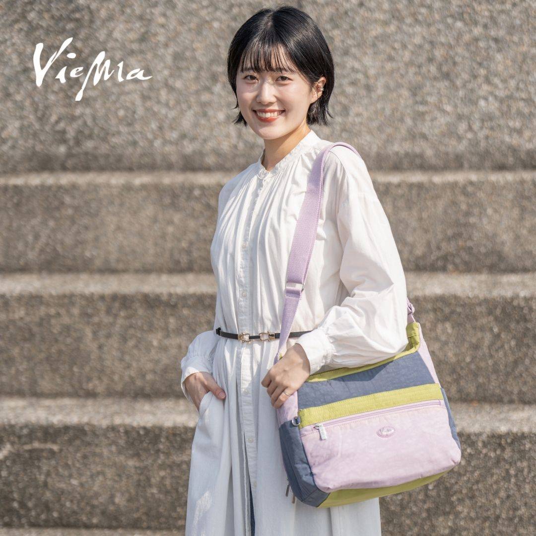 【最後１個】日系休閒千層牛角斜背包-水晶紫配綠6070L