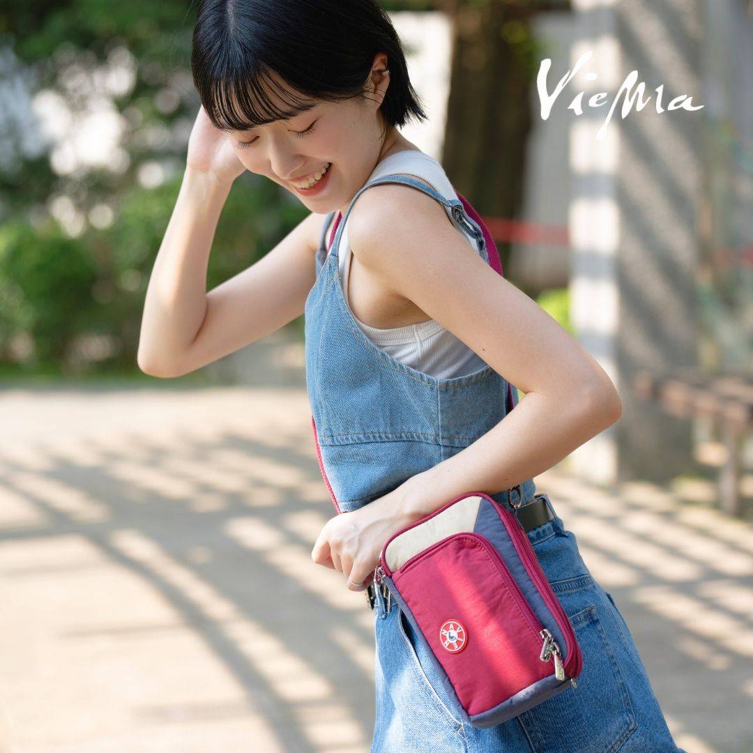 日本限定口袋長夾收納斜背包-石榴紅7273